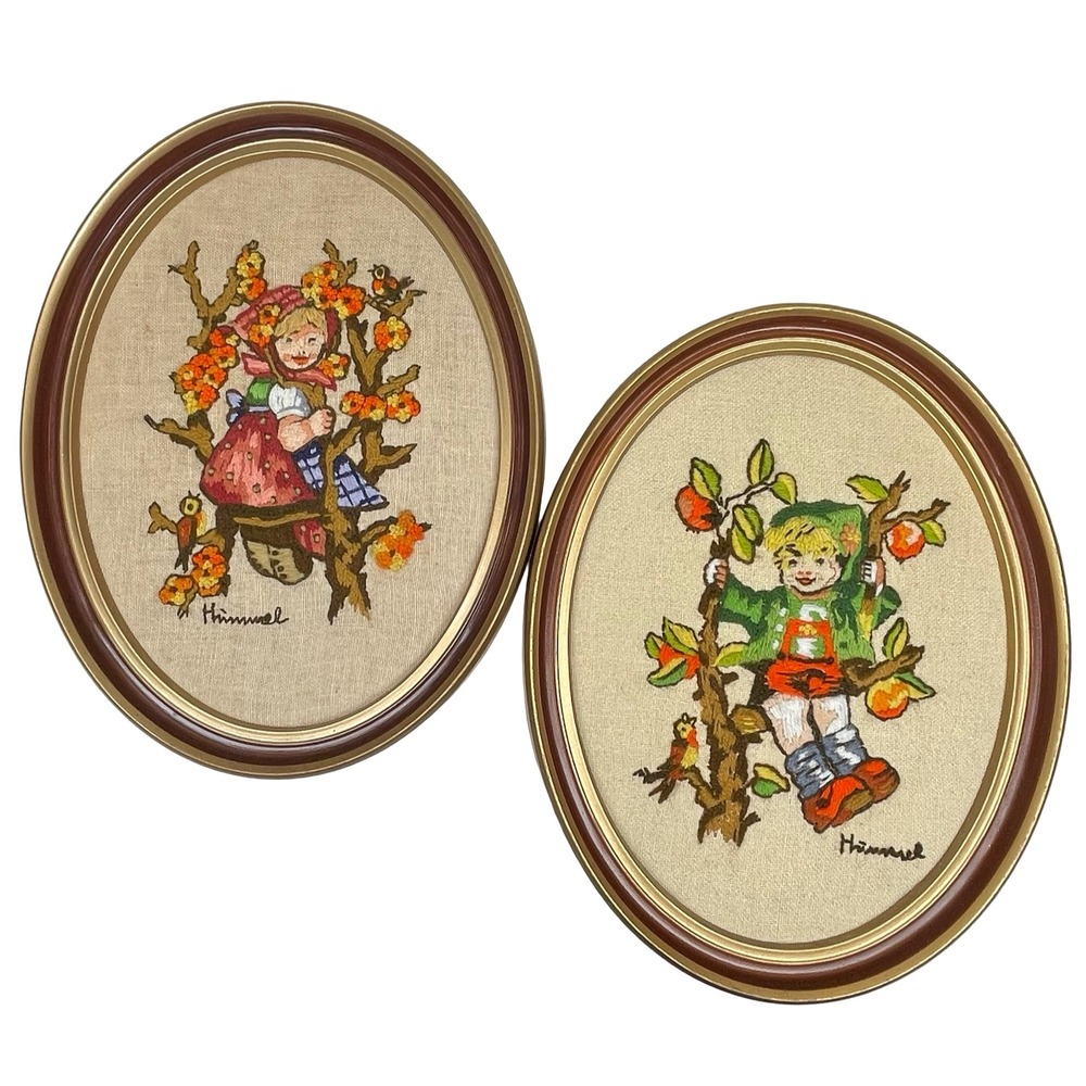 Hummel Goebel Crewel Embroidery Wall Art Set 2 Brown Framed Vintage Folk Art